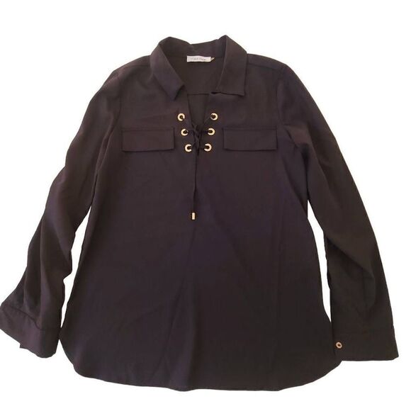 Calvin Klein Womens Black Gromit Tie V Neck Collared Roll Tab Sleeves Blouse - Picture 9 of 9